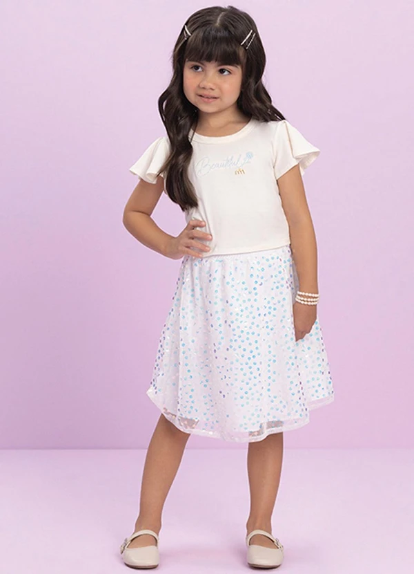 Milli e Nina - Conjunto Blusa e Saia em Tule Paetê Branco