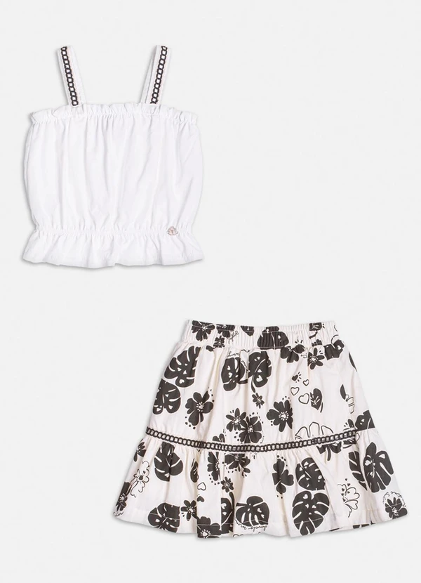 Momi - Conjunto Blusa e Saia Folhagens P&B Branco 5