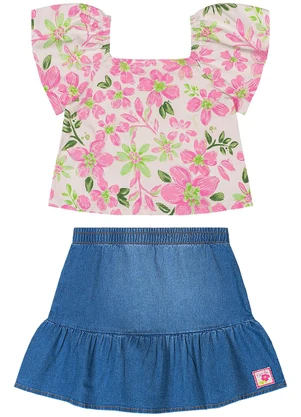 Quimby - Conjunto Blusa e Saia Jeans Menina Rosa - QUIMBY