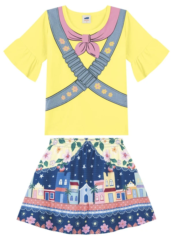 Marlan - Conjunto Blusa e Saia Menina Estampado Amarelo