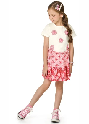 Marlan - Conjunto Blusa e Saia Menina Floral Bege - MARLAN