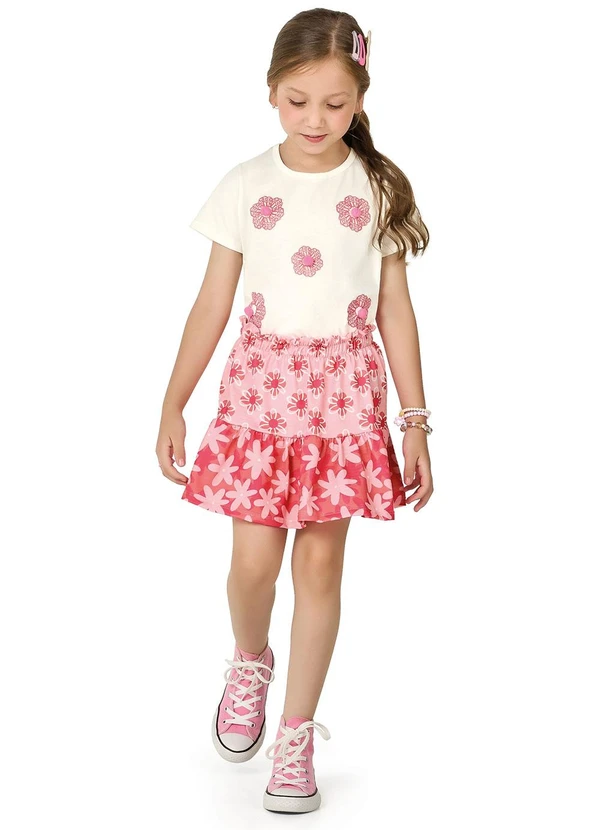 Marlan - Conjunto Blusa e Saia Menina Floral Bege