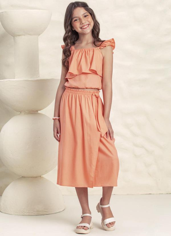 Milli e Nina - Conjunto Blusa e Saia Midi Tecido Linho Laranja