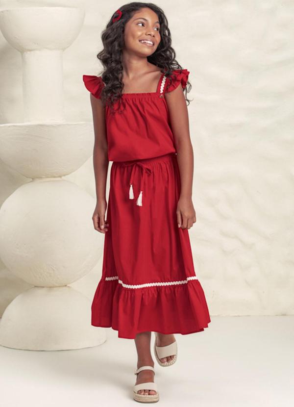 Milli e Nina - Conjunto Blusa e Saia Mídi Tricoline Vermelho