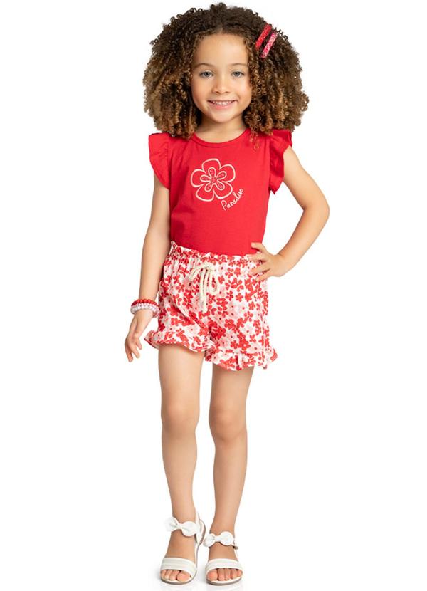 Marlan - Conjunto Blusa e Short Saia Mini Floral Vermelho