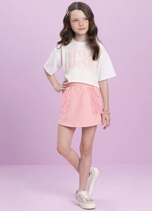 Milli e Nina - Conjunto Blusa e Short Saia Paetê Rosa - MILLI E NINA