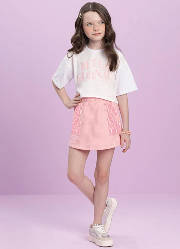 Milli e Nina - Conjunto Blusa e Short Saia Paetê Rosa