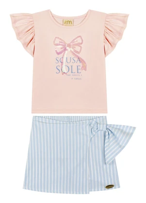 Milli e Nina - Conjunto Blusa e Short Saia Tecido Plano Rosa - MILLI E NINA