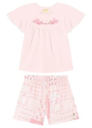 Milli e Nina - Conjunto Blusa e Shorts Aplique de Organza Rosa - MILLI E NINA