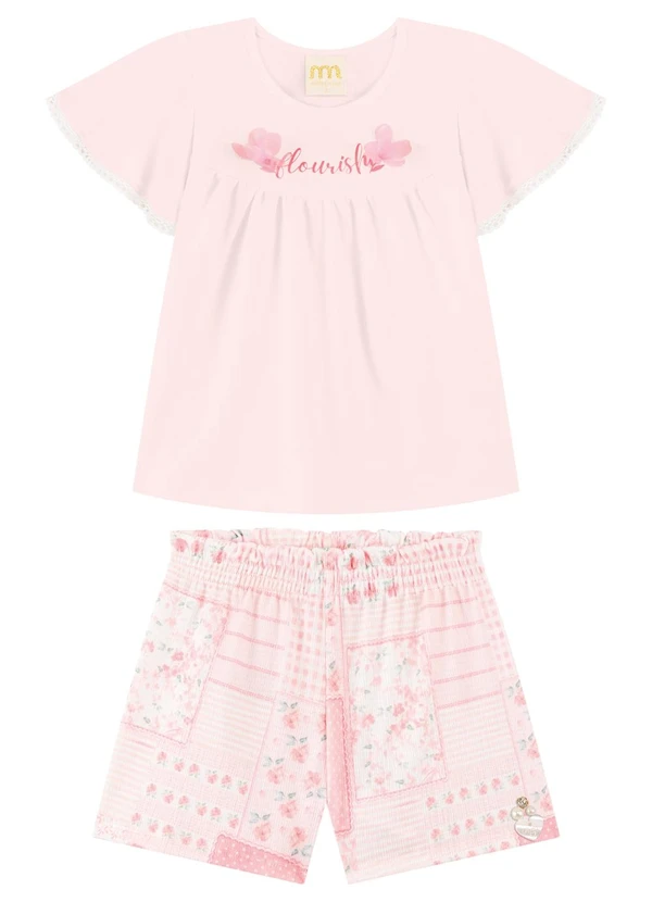 Milli e Nina - Conjunto Blusa e Shorts Aplique de Organza Rosa