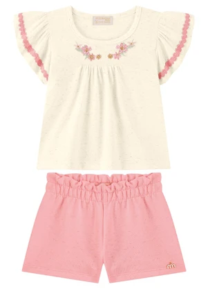 Milli e Nina - Conjunto Blusa e Shorts Bebê Bordado Lurex Bege - MILLI E NINA