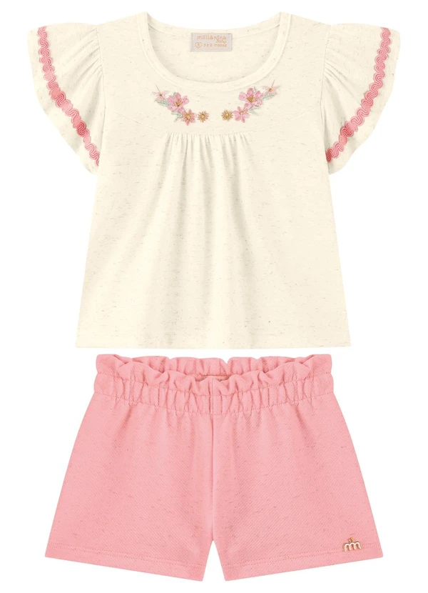 Milli e Nina - Conjunto Blusa e Shorts Bebê Bordado Lurex Bege