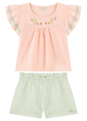 Milli e Nina - Conjunto Blusa e Shorts Bebê Bordado Lurex Rosa - MILLI E NINA
