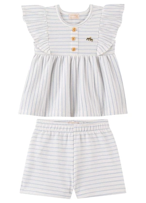 Milli e Nina - Conjunto Blusa e Shorts Bebê Malha Listrada Azul - MILLI E NINA