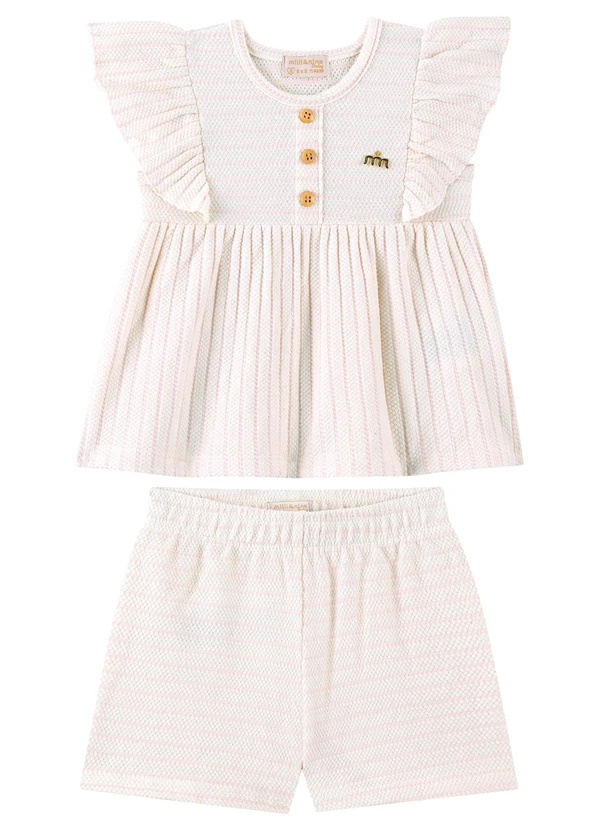 Milli e Nina - Conjunto Blusa e Shorts Bebê Malha Listrada Rosa