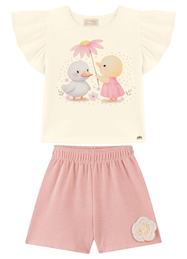 Milli e Nina - Conjunto Blusa e Shorts Bebê Menina Strass Bege