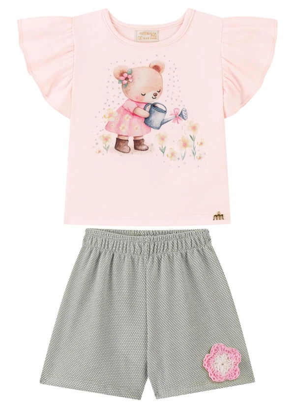 Milli e Nina - Conjunto Blusa e Shorts Bebê Menina Strass Rosa