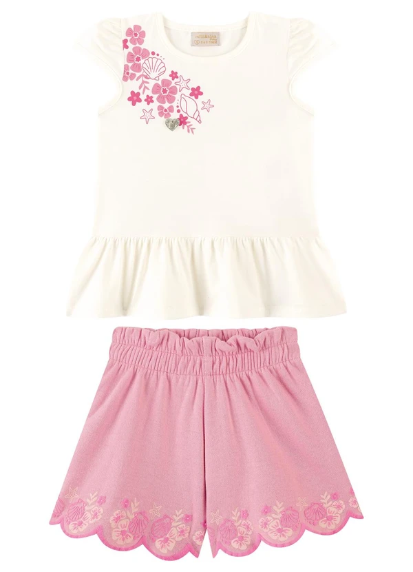 Milli e Nina - Conjunto Blusa e Shorts Bebê Recorte Laser Bege