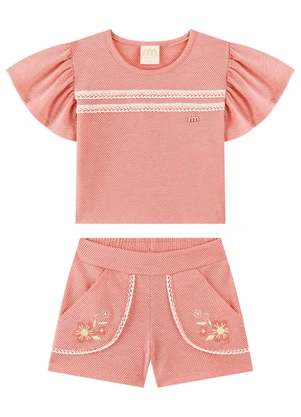 Milli e Nina - Conjunto Blusa e Shorts Bordado Rosa - MILLI E NINA
