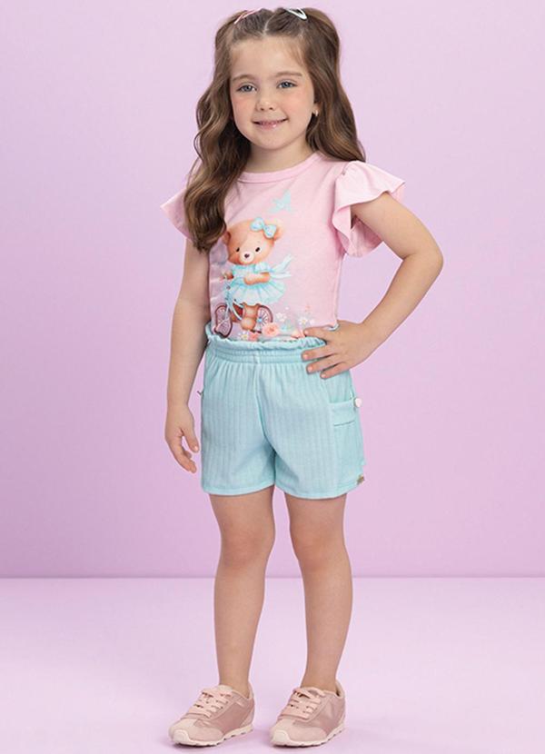 Milli e Nina - Conjunto Blusa e Shorts Canelado Rosa