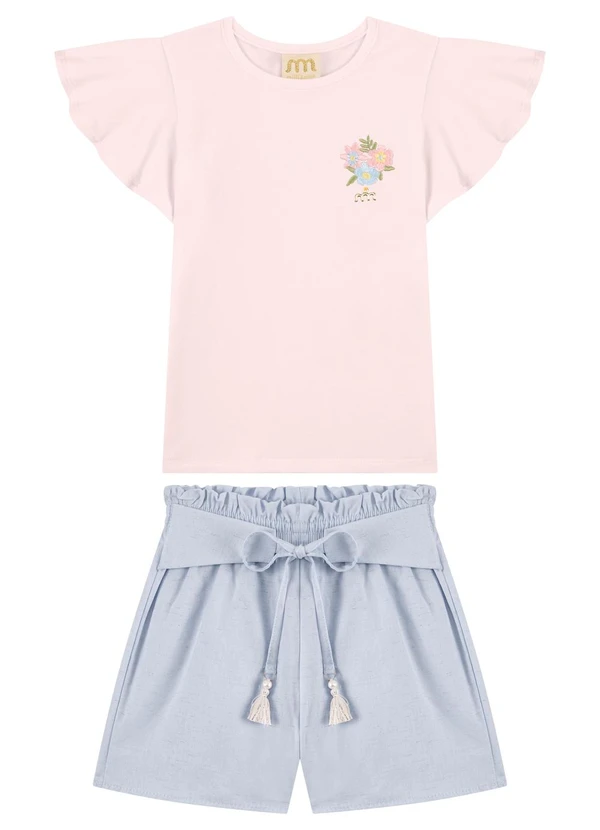 Milli e Nina - Conjunto Blusa e Shorts com Barbicacho Rosa