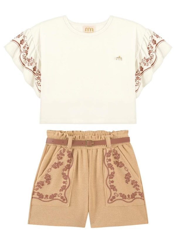 Milli e Nina - Conjunto Blusa e Shorts com Cinto Bege