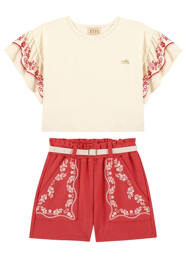 Milli e Nina - Conjunto Blusa e Shorts com Cinto Bege