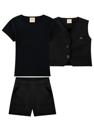 Milli e Nina - Conjunto Blusa e Shorts com Colete Preto - MILLI E NINA