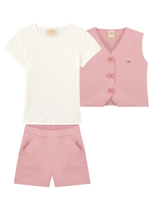 Milli e Nina - Conjunto Blusa e Shorts com Colete Rosa - MILLI E NINA
