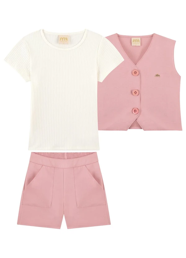 Milli e Nina - Conjunto Blusa e Shorts com Colete Rosa
