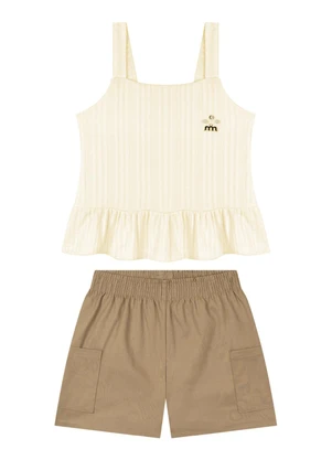 Milli e Nina - Conjunto Blusa e Shorts com Elastano Bege - MILLI E NINA