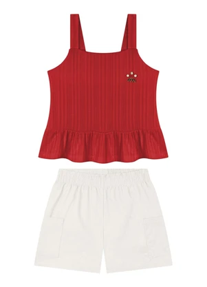 Milli e Nina - Conjunto Blusa e Shorts com Elastano Vermelho - MILLI E NINA