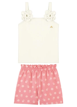Milli e Nina - Conjunto Blusa e Shorts com Flores Bege - MILLI E NINA