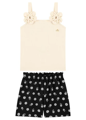 Milli e Nina - Conjunto Blusa e Shorts com Flores Bege - MILLI E NINA