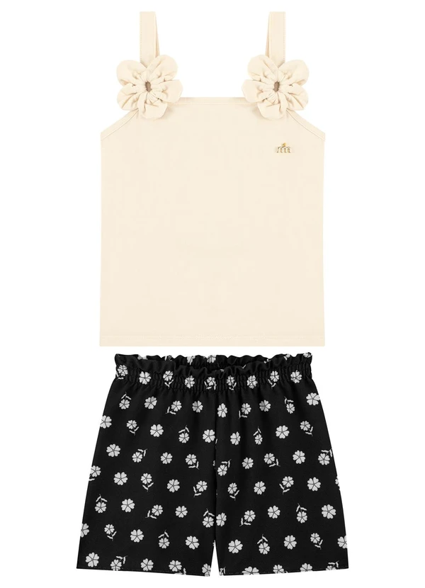 Milli e Nina - Conjunto Blusa e Shorts com Flores Bege