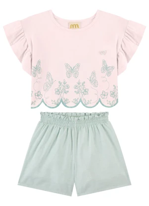Milli e Nina - Conjunto Blusa e Shorts com Linho Rosa - MILLI E NINA