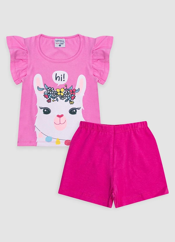 Turminha - Conjunto Blusa e Shorts em Cotton Lhama Rosa
