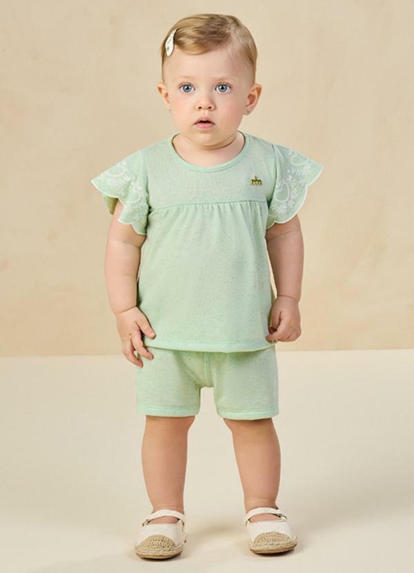 Milli e Nina - Conjunto Blusa e Shorts em Cotton Linho Verde