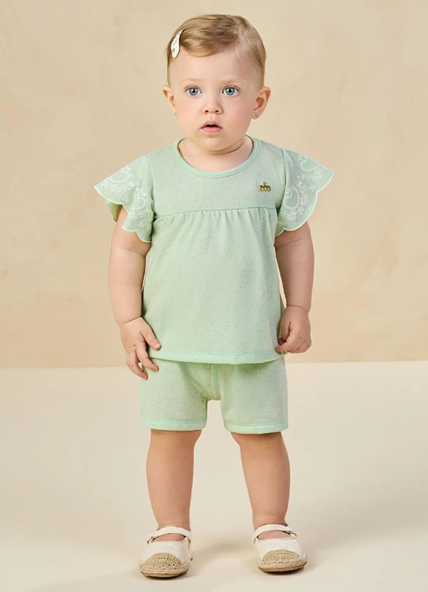 Milli e Nina - Conjunto Blusa e Shorts em Cotton Linho Verde 1