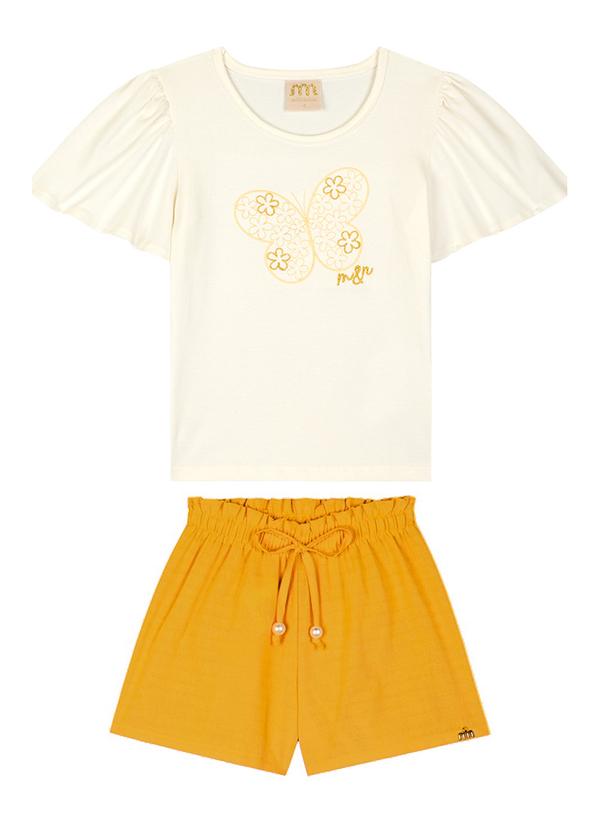Milli e Nina - Conjunto Blusa e Shorts em Cotton Penteado Bege