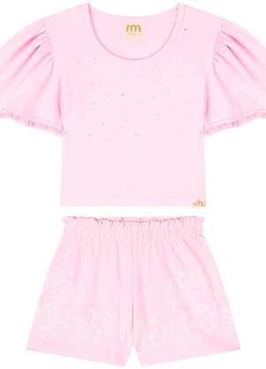 Milli e Nina - Conjunto Blusa e Shorts em Cotton Penteado Rosa - MILLI E NINA