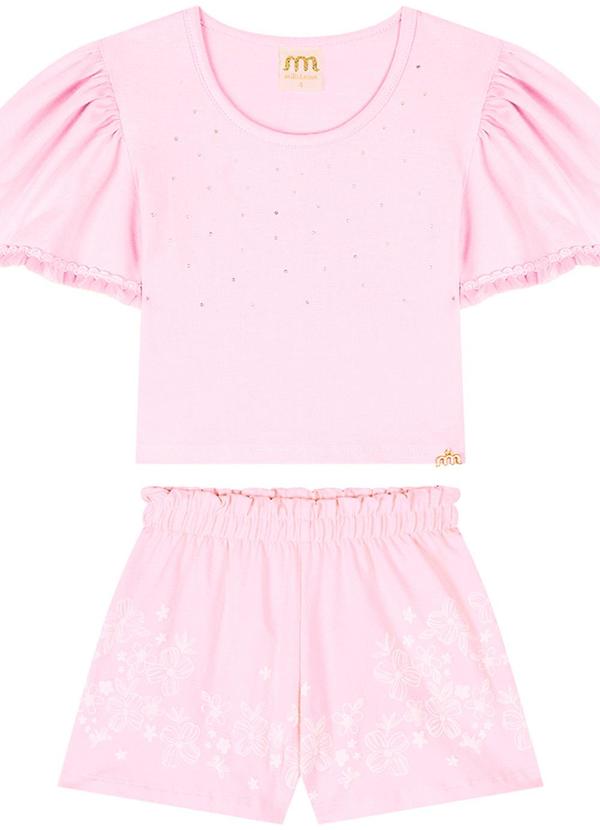 Milli e Nina - Conjunto Blusa e Shorts em Cotton Penteado Rosa
