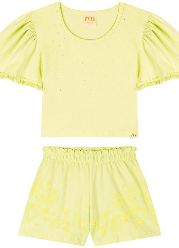 Milli e Nina - Conjunto Blusa e Shorts em Cotton Penteado Verde