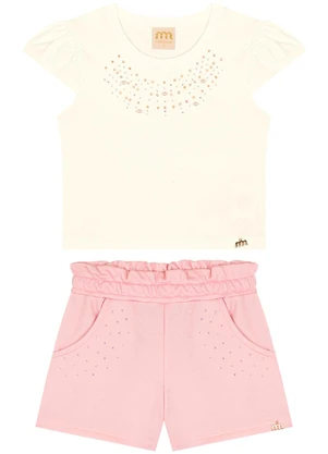 Milli e Nina - Conjunto Blusa e Shorts em Fleece Linho Bege - MILLI E NINA