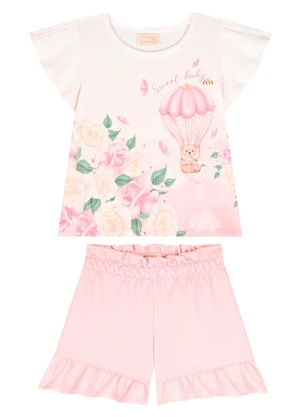 Milli e Nina - Conjunto Blusa e Shorts em Fleece Linho Rosa - MILLI E NINA