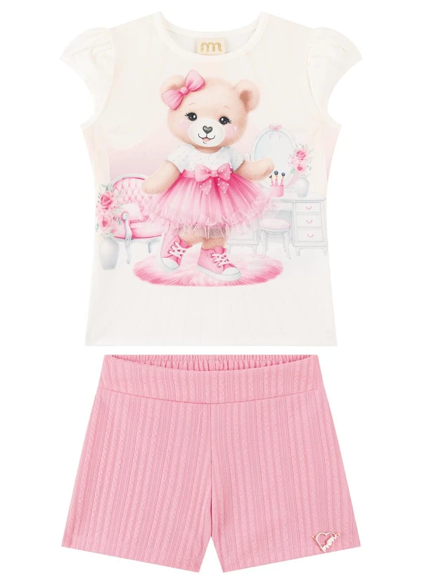 Milli e Nina - Conjunto Blusa e Shorts em Jacquard Bege