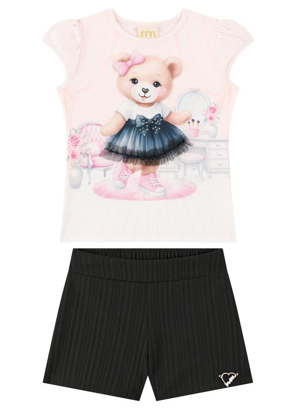 Milli e Nina - Conjunto Blusa e Shorts em Jacquard Rosa