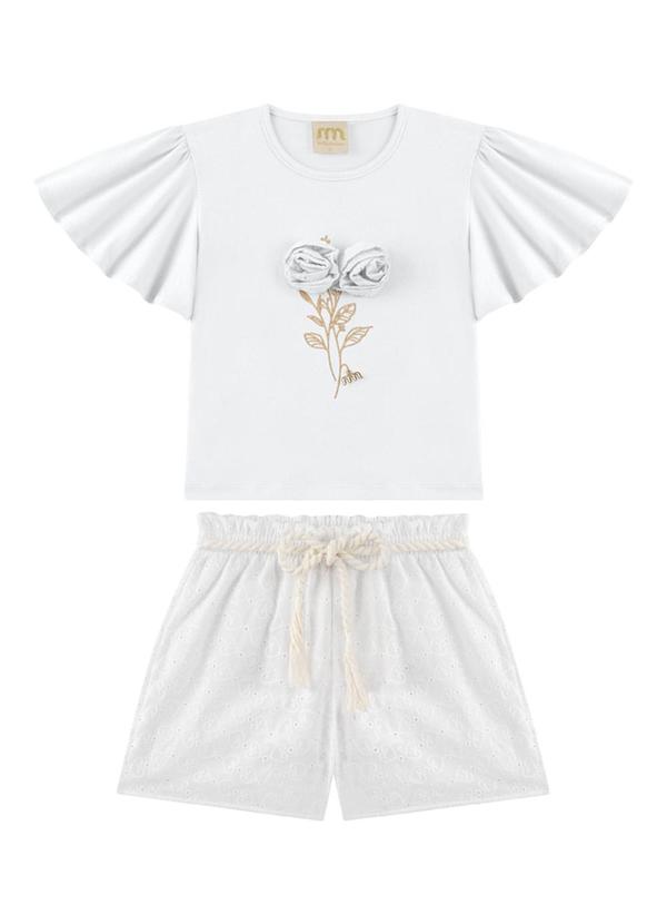 Milli e Nina - Conjunto Blusa e Shorts em Laise Coração Branco