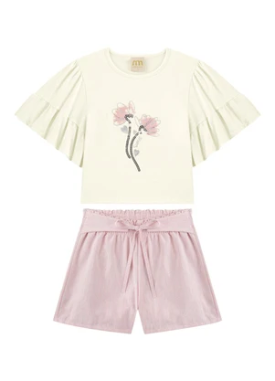 Milli e Nina - Conjunto Blusa e Shorts em Linho Brilho Bege - MILLI E NINA