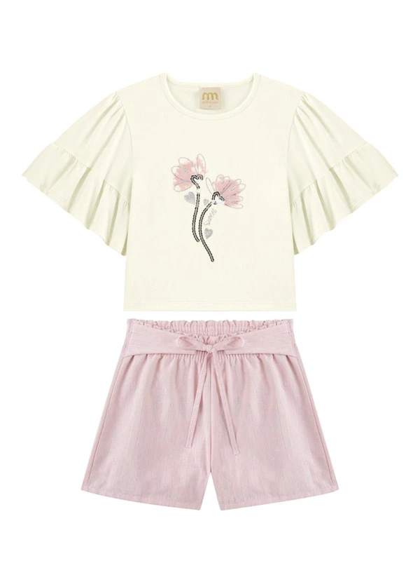 Milli e Nina - Conjunto Blusa e Shorts em Linho Brilho Bege 2